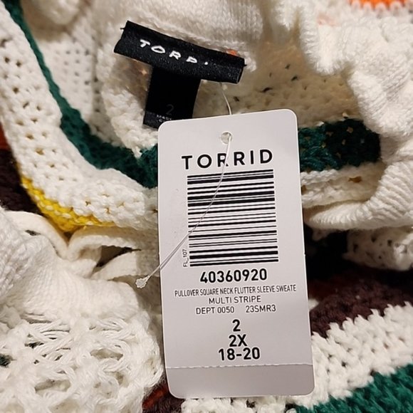 Torrid - Pullover Square Neck Flutter Sleeve Sweater in White with Multi Stripes - Picture 7 of 13